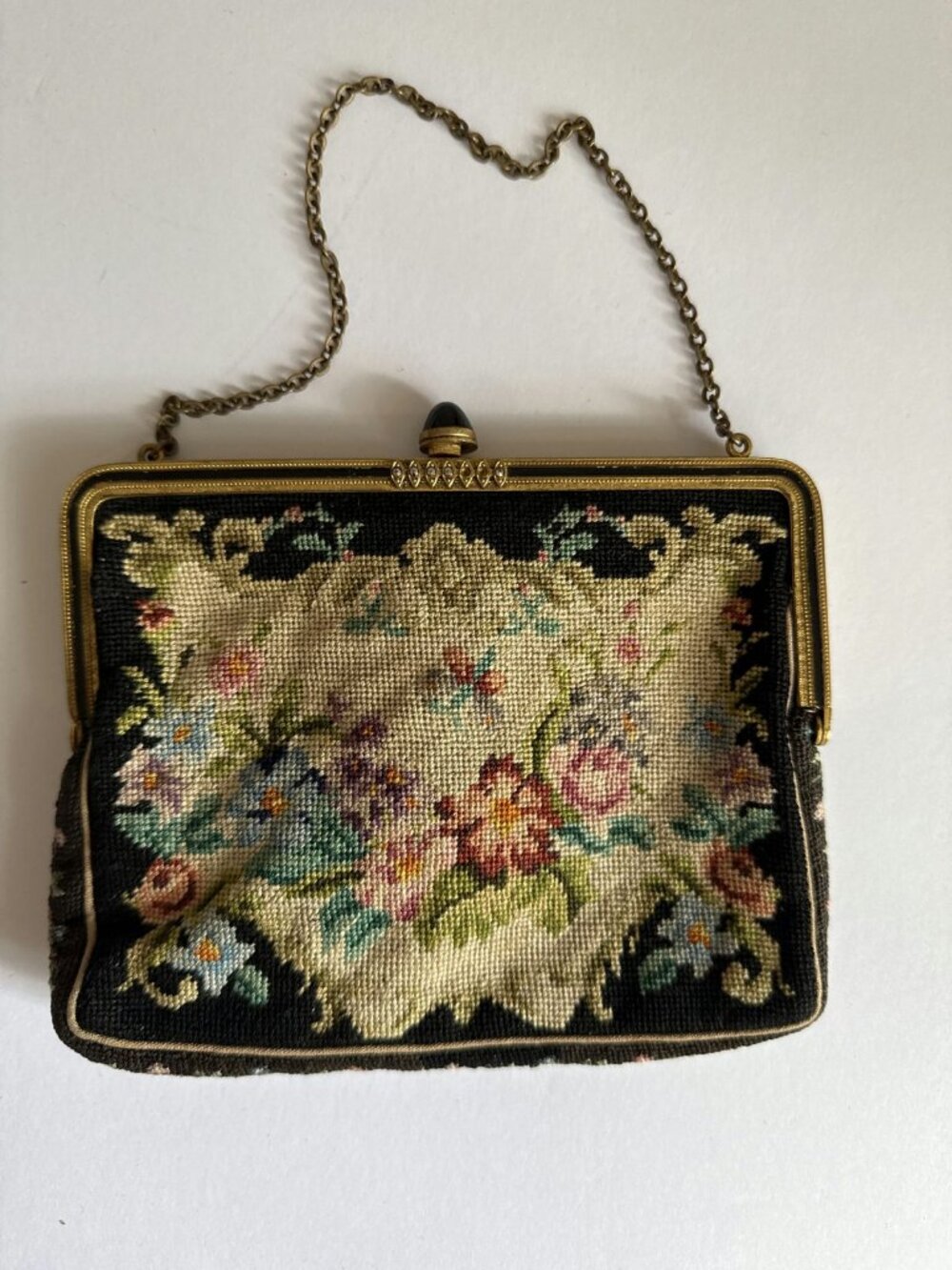 Vintage Floral Needlepoint Evening Bag, Gold Frame, Green Jewel Clasp, Chain Str